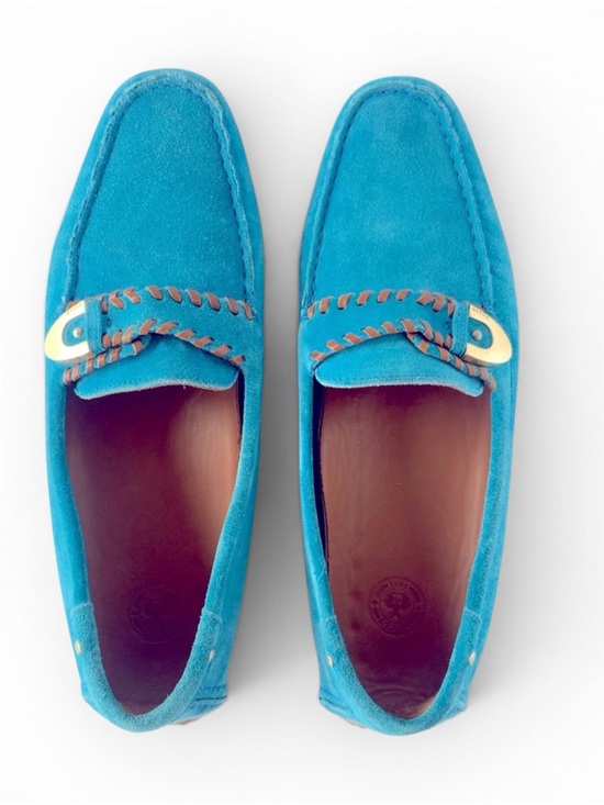 Bally Shoes - Bally Logo Heel Turquoise Suede Leather Moccasin Loafer Whipstitch Buckle EU40.5
